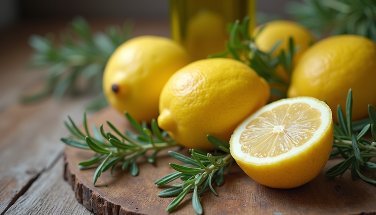 Close-up view of fresh Sicilian lemons, rosemary sprigs, and a bottle of olive oil on a rustic wooden table