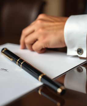 an elegant pen rests on a contract yet to be signed