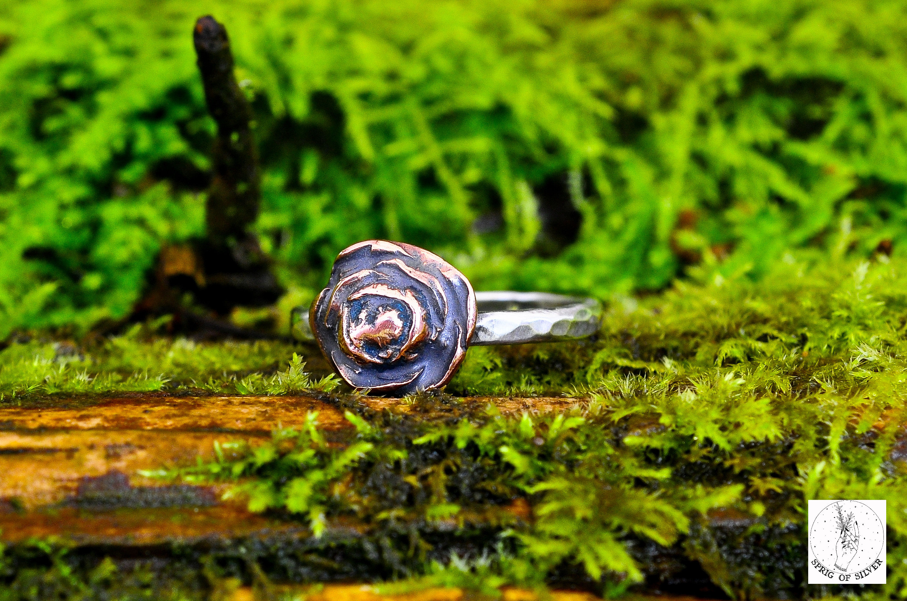 Copper and Silver Pine Cone Hammered Wire Ring