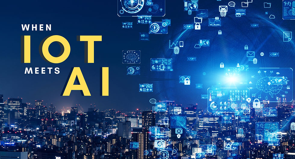 City skyline with digital tech icons overlay, text "When IoT meets AI" in bold, futuristic mood, blue hues dominate_avizops.