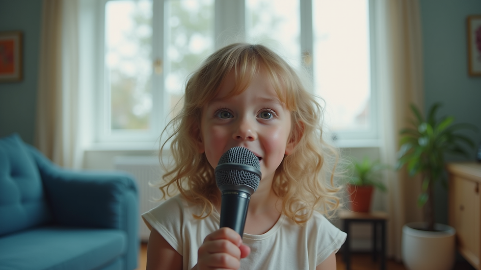eye-level view of child singing with a microphone in a bright room