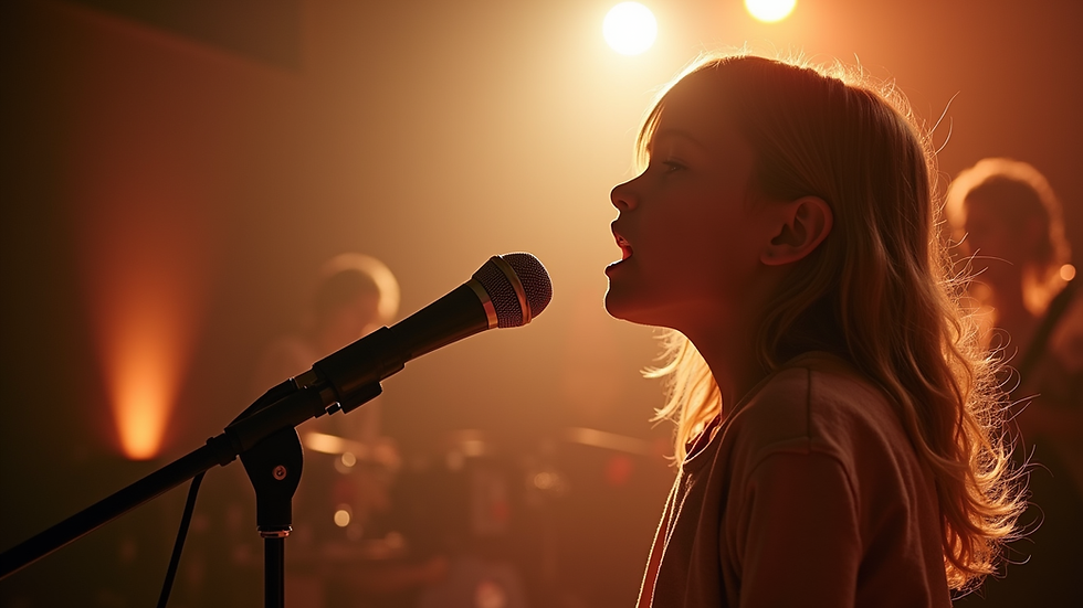 eye-level view of a child singing in a bright music studio