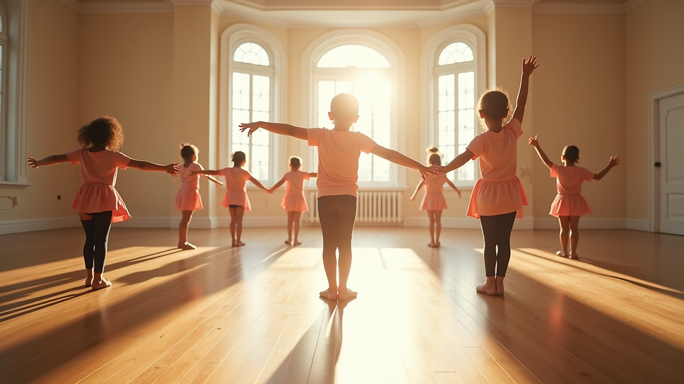 high angle view of a bright dance and vocal studio with children practicing