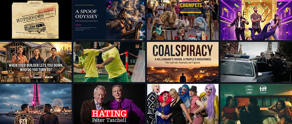 Collage of twelve Chrysaor Studios film and television titles, including Motorhome, Chumpets, Coalspiracy and Hating Peter Tatchell