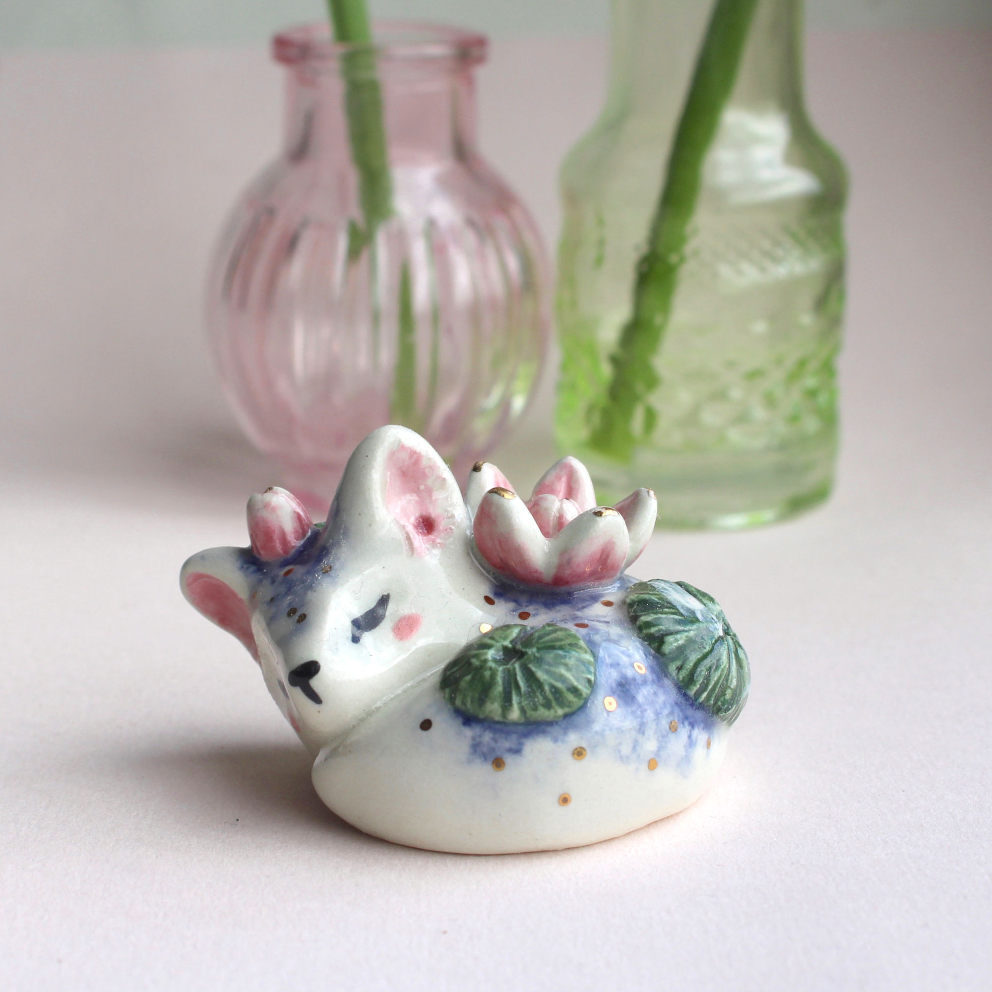 WATER LILY FOX. Fox sleeping amongst waterlilies handmade ceramic art