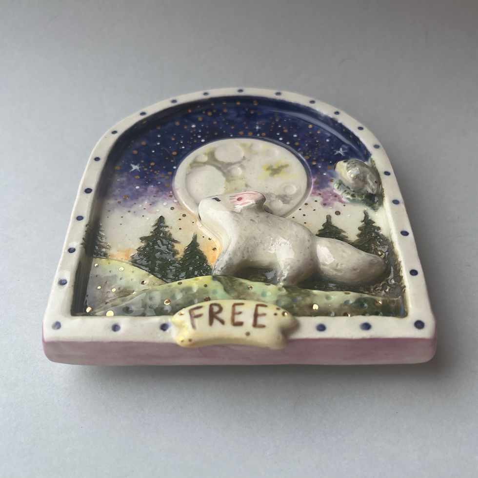 Thumbnail: "Free" – Handmade Ceramic Wall Hanging Art with Howling Wolf and a Morning Bird
