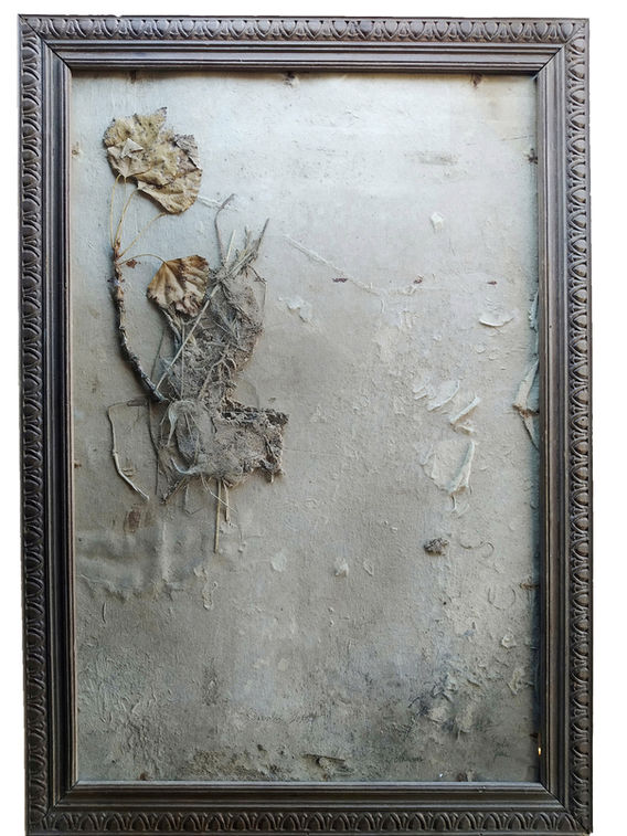 Aux Pluies Désenchantées mixed media artwork modern art vegetal leaves roots framed romantic brown