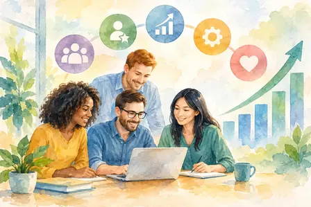 Four coworkers smile around a laptop in a bright watercolor office, with growth icons and a rising chart illustrating the best HR metrics for small business success from HR Business Partners.