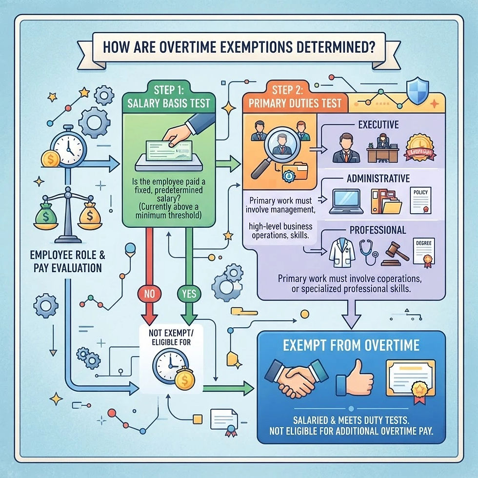 Infographic on overtime exemptions showing salary test, duties test, and exempt-from-overtime outcomes with icons and flow arrows.