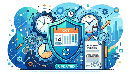 HR Business Partners graphic with calendar, shield, and policy manual illustrating how often to update employee policies to maintain compliance.
