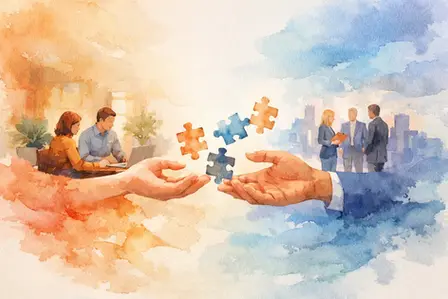 Scene with coworkers passing puzzle pieces between hands, symbolizing teamwork and collaboration over a city skyline, representing HR Business Partners and Can Small Business Outsource HR.