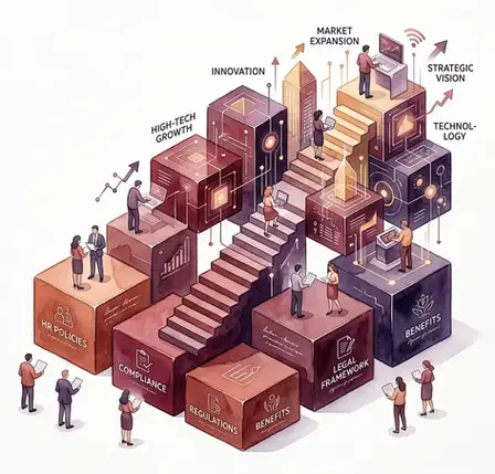 Isometric watercolor illustration of business growth building blocks, showing how HR compliance companies protect growth for clients of HR Business Partners.