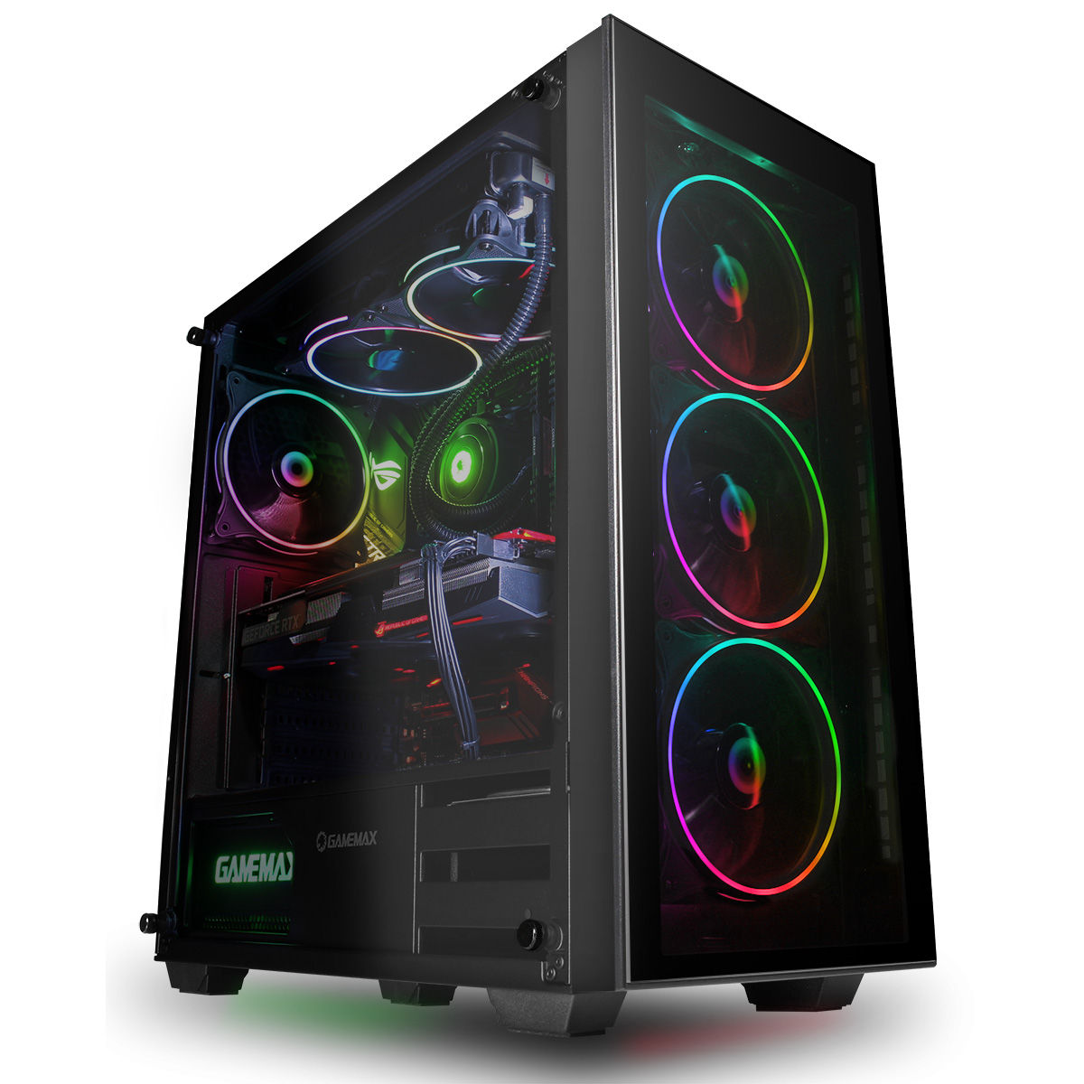 GameMax Crusader Rainbow RGB 3 pin Hub with 4 x Mirage Fans TG Front and Side