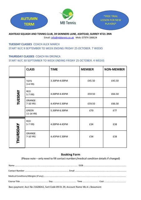 MB Tennis Junior Autumn Term
