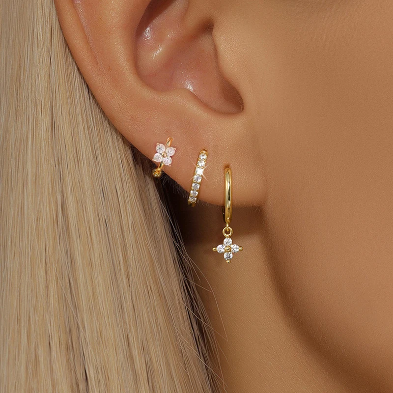 3PCS Trendy Stainless Steel Flower Drop Earring Set for Women Crystal Zirconia