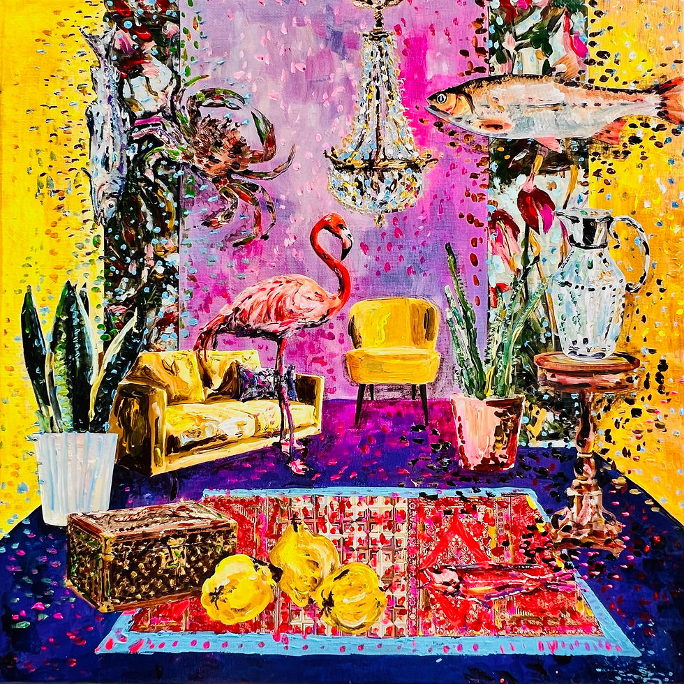 Glamorous tropical interior with flamingo
