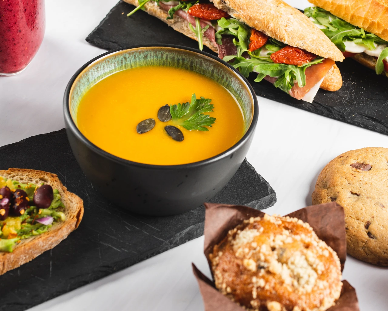 Prosciutto sandwich and pumpkin soup