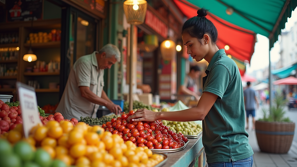 Eye-level view of a small business owner setting up a colorful market stall