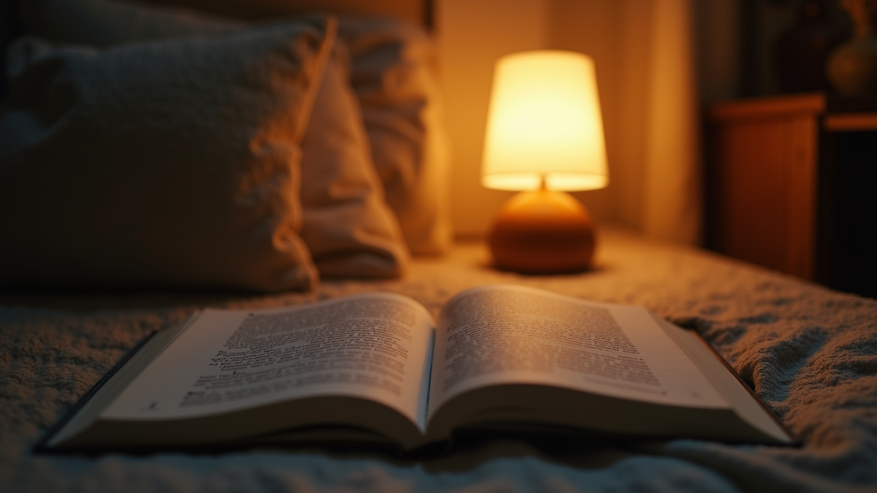 Eye-level view of a cozy reading nook with a softly lit lamp and open book