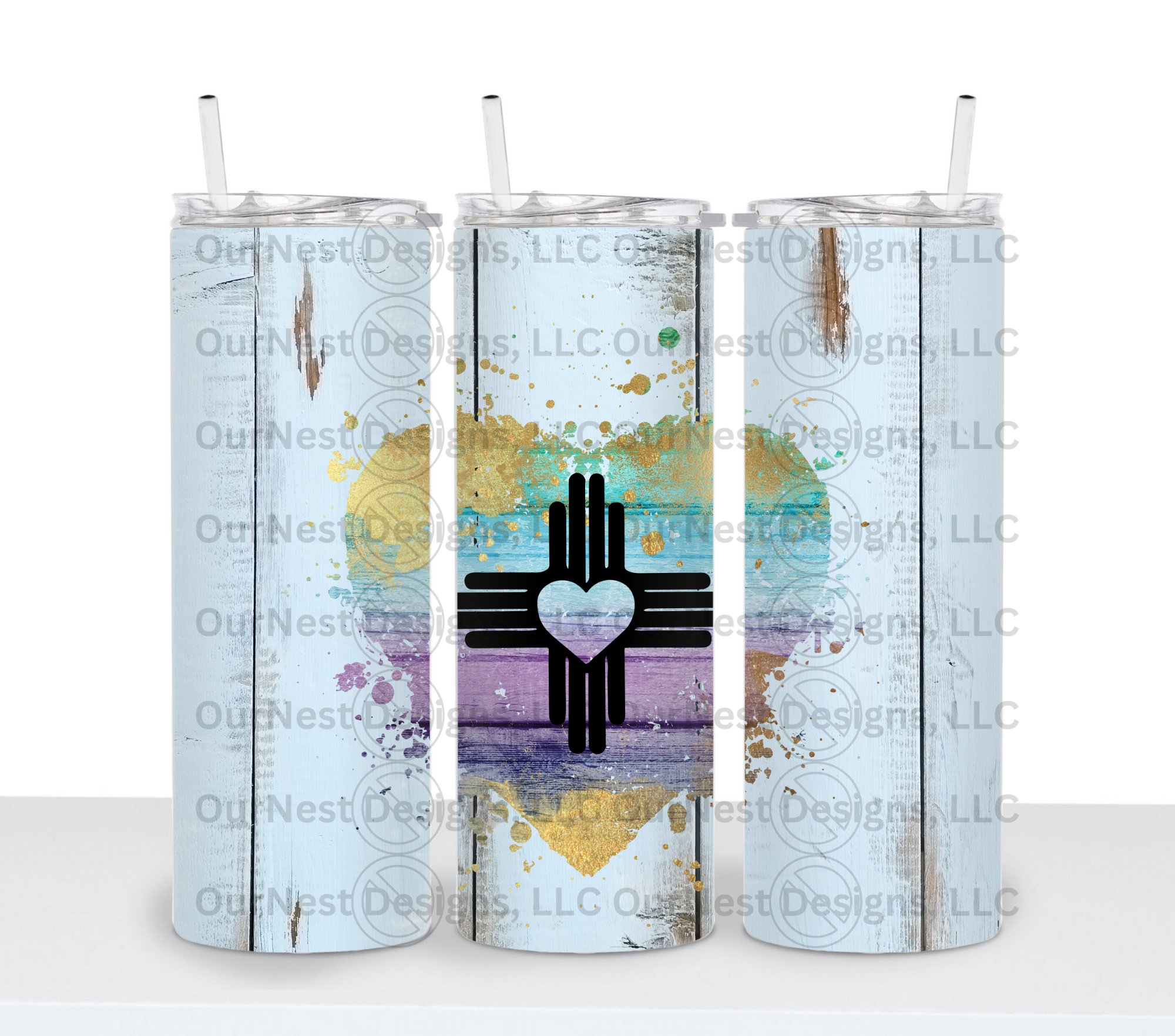 Heart Zia with Rainbow Heart on Blue Barnwood Background