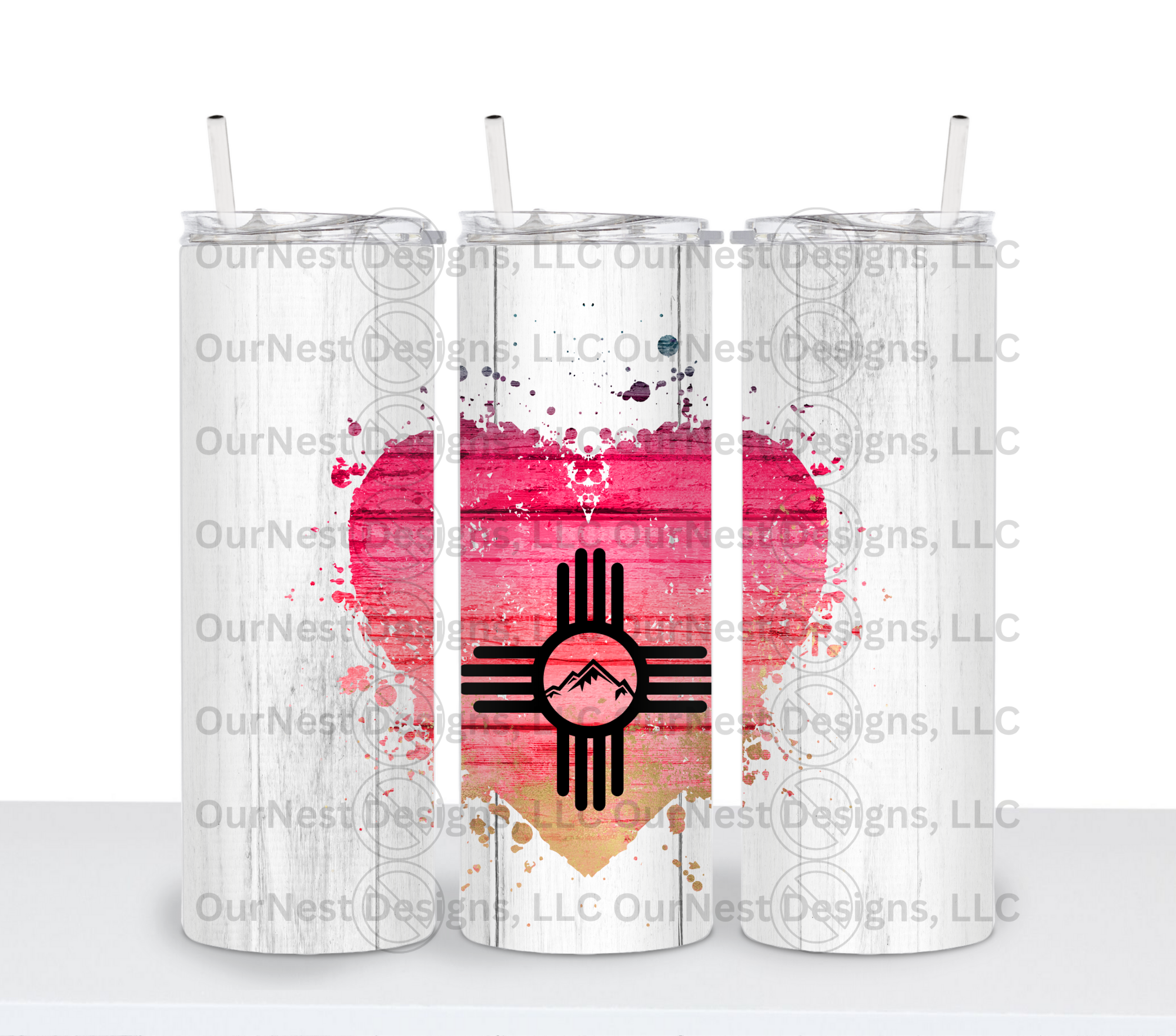 Zia on with Small Mountainscape on Pink Heart with White Barnwood Backgroun