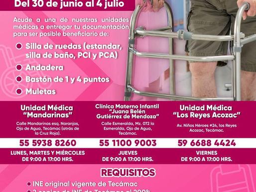  partir de este lunes y hasta el próximo viernes, el Sistema Municipal DIF de Tecámac recibirá los documentos para solicitar la entrega de aparatos funcionales