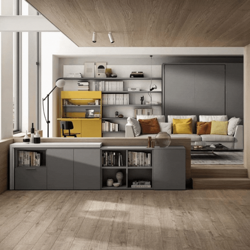 Elisa Spinelli idelisa studio Milano Interio design arredi trasformabili salvaspazio progettazione interior designer cucina soggiorno living monolocale bilocale case piccole tavolo allungabile lungo e stretto