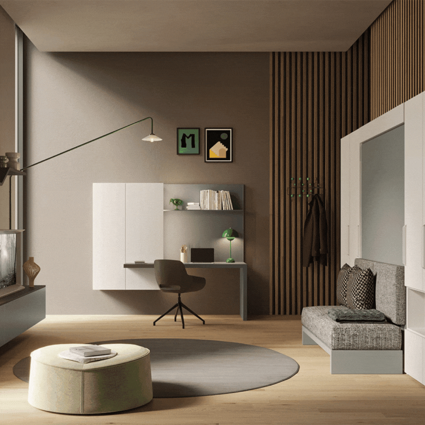 Elisa Spinelli idelisa studio Milano Interio design arredi trasformabili salvaspazio progettazione interior designer cucina soggiorno living monolocale bilocale case piccole divano letto estraibile