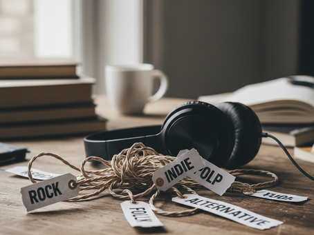Müzik türlerini temsil eden etiketlerle çevrili kulaklık görseli