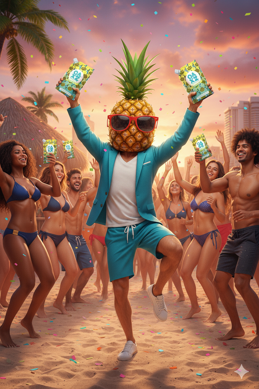 It shows Mr. Pineapple Head at a Caribbean-style party with several people; he is the only one semi-dressed, and the others are in swimsuits, holding piña colada-flavored punches in the hands of each of the participants in an allegorical party.