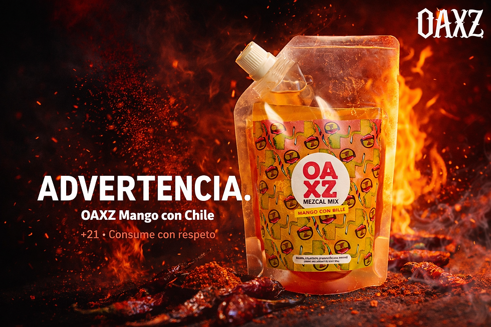 It showcases the mango punch with a chili and mezcal blend in a spicy presentation, like roasted árbol chili, and states that it is only for sale to adults.