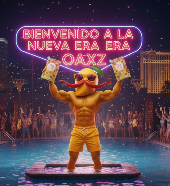 The authentic mango flavor, superbly presented by the muscular Mr. Mango Head, who, at a Las Vegas-style pool party, is holding the mango chili punch in the primary presentation, welcoming the new OAXZ era.