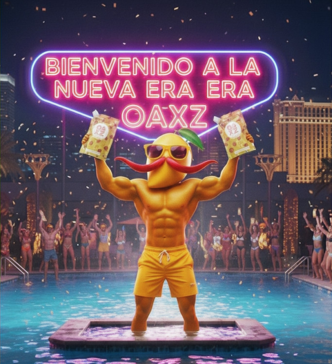 El autentico sabor mango excelentemente presentado por el señor musculoso cabeza de mango, el cual en una fiesta de alberca estilo Las Vegas sosteniendo el punch mango chili en la presentación primaria dendo al bienvenida a la nueva era OAXZ