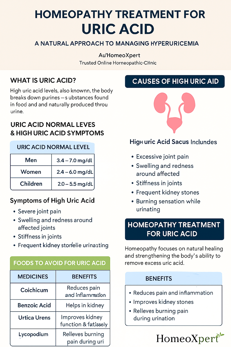 Homeopathy treatment for uric acid infographic by HomeoXpert. Includes uric acid normal levels for men, women, and children, symptoms of high uric acid, causes of high uric acid, foods to avoid, and homeopathic medicines like Colchicum, Benzoic Acid, Urtica Urens, and Lycopodium. Highlights natural homeopathic benefits for managing uric acid and hyperuricemia.