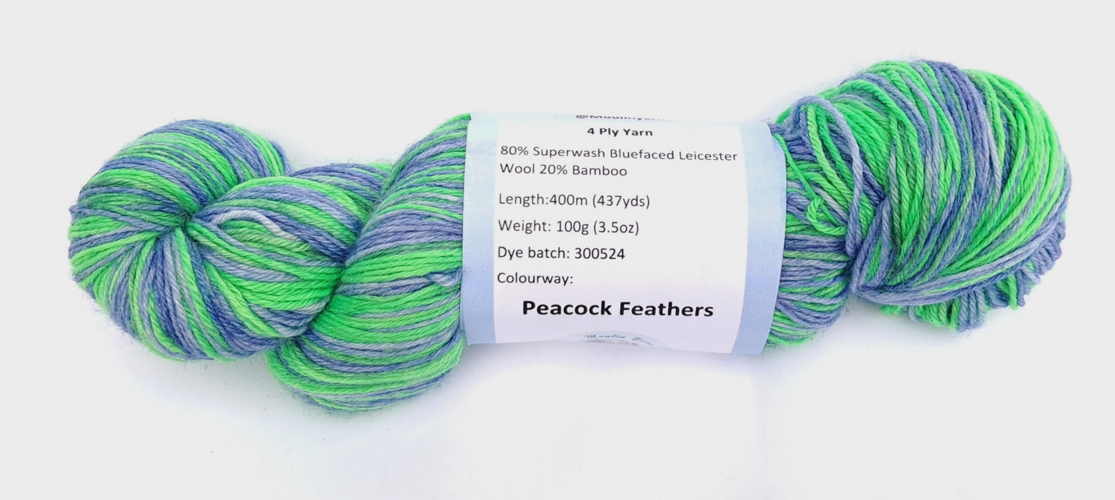 Peacock Feathers 4ply yarn. 80%  Blue faced leicester wool and 20% Bamboo 400m per 100g Blue and green striping yarn