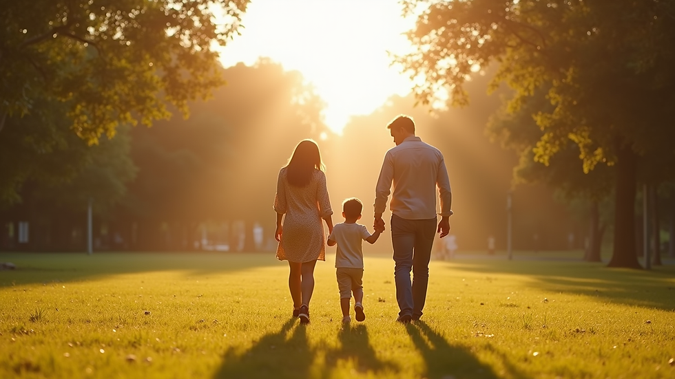 Wide angle view of a family walking hand in hand in a sunlit park