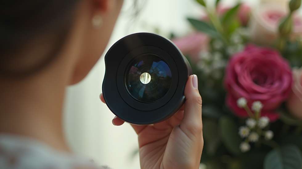 Close-up view of a camera lens focusing on a wedding bouquet