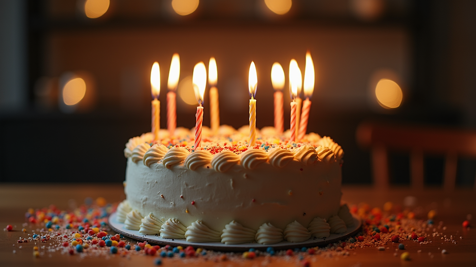 Eye-level view of a birthday cake with lit candles