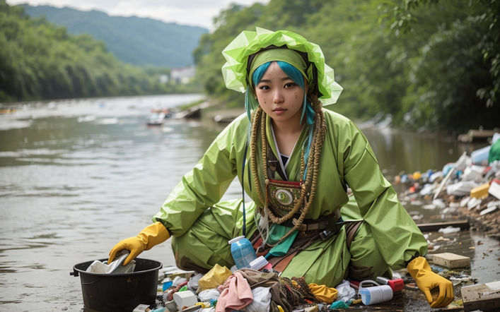 Woman cleaning plastic near river