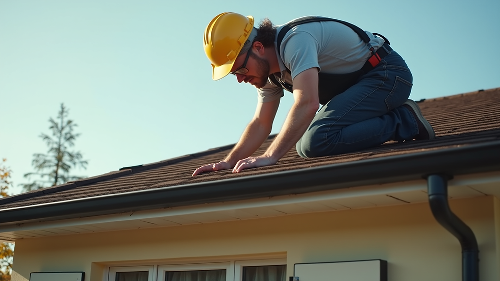 Eye-level view of a home inspector examining the roof of a house