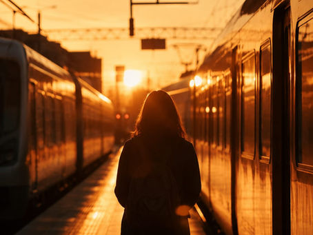 mulher olhando para frente, ao entardecer e entre metrôs