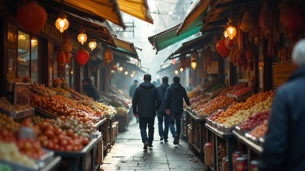 Eye-level view of a busy marketplace with various shops