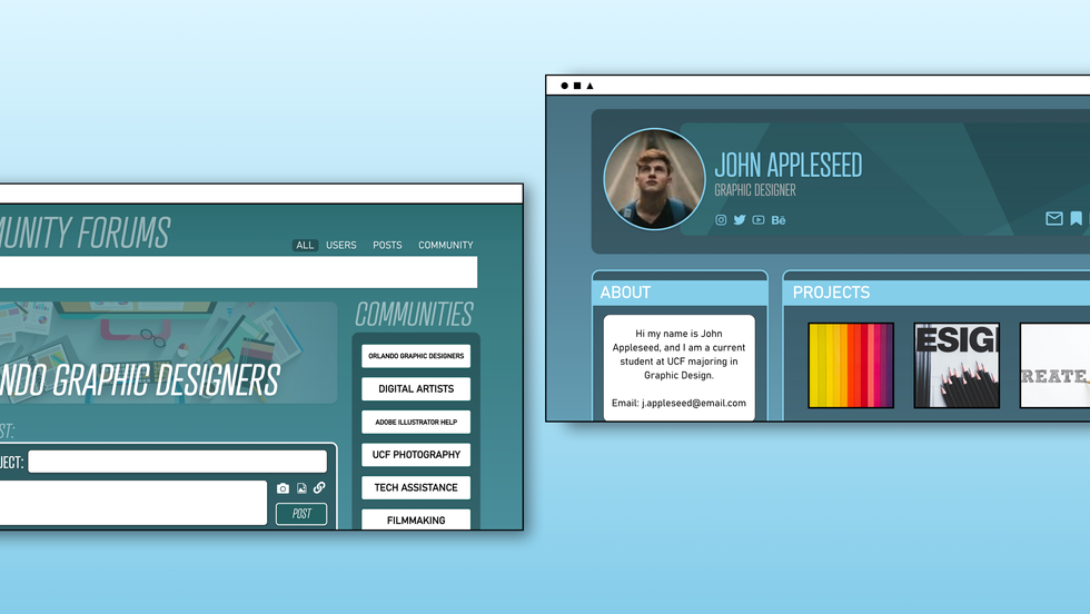 various screencaps of the Creatives Unite website prototype showing different pages of the website