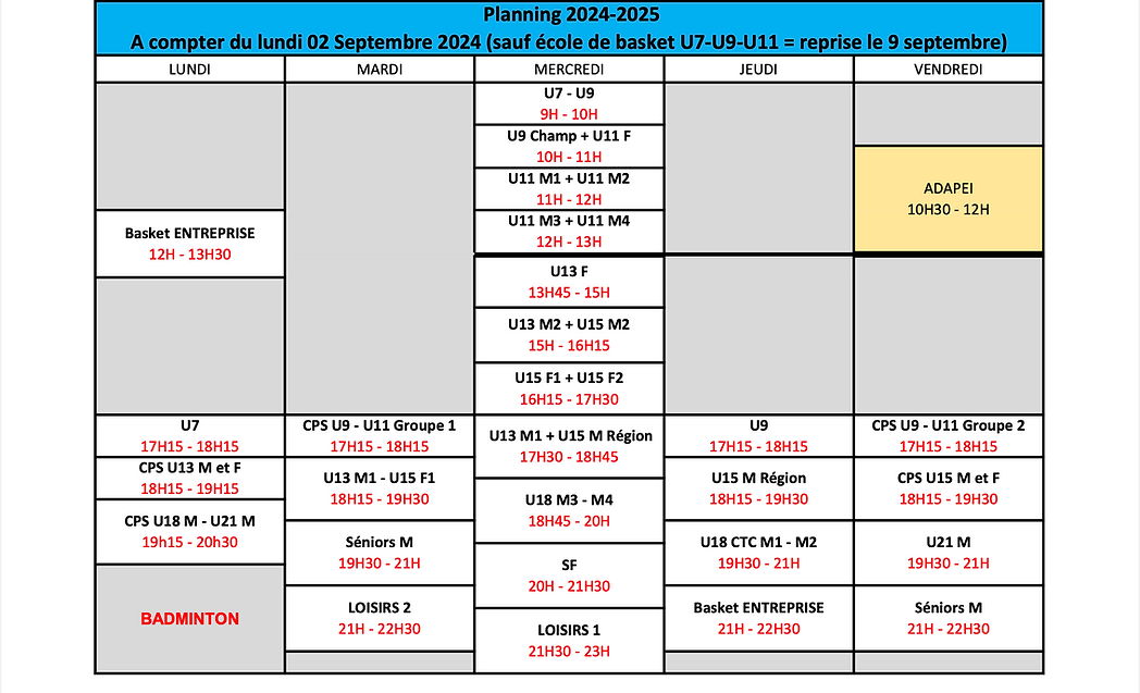 Planning des entrainements de la saison