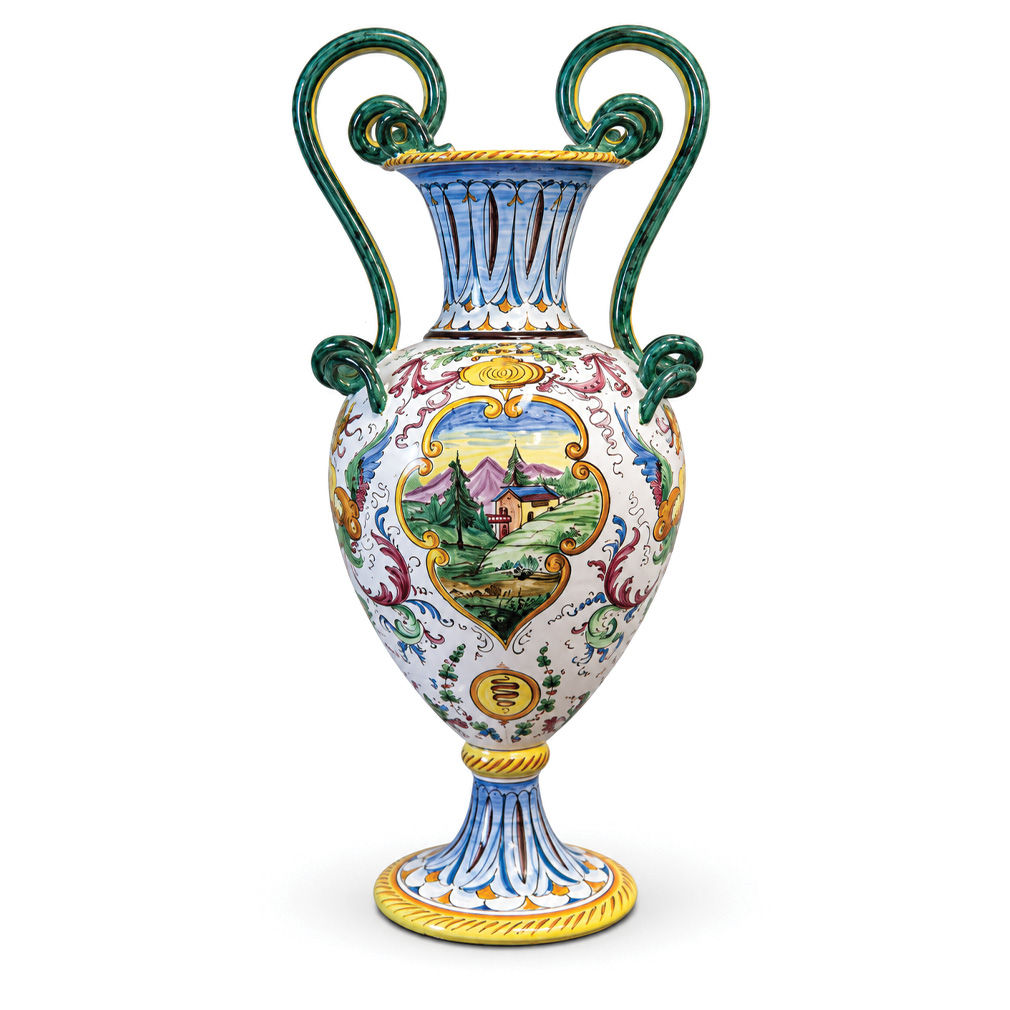 Large Italian Hand-Painted Majolica Amphora Vase, Arno Italy