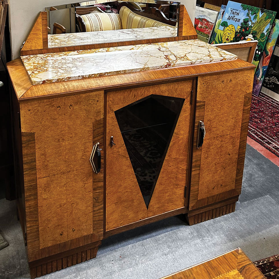 Miniature : 1930s Belgian Art Deco Sideboard with Mirror – Walnut Burl Marquetry Credenza