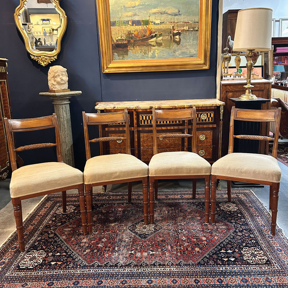 Set of 4 French Art Deco Dining Chairs – 1920s Solid Wood with Upholstered Seats