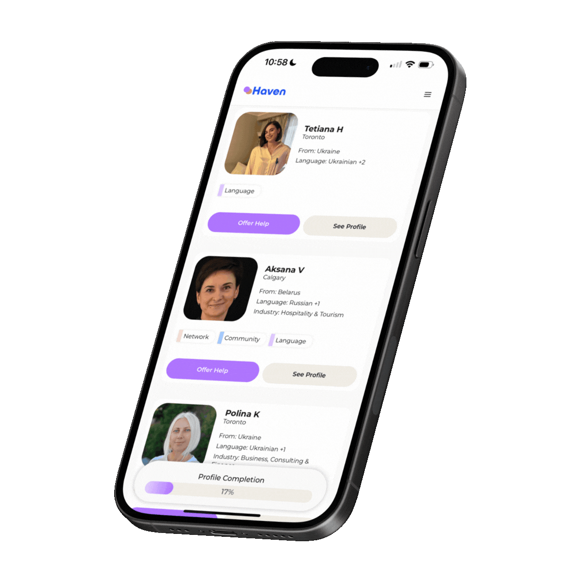 An alternating image of iPhone and Laptop screens both showing the Haven discover page