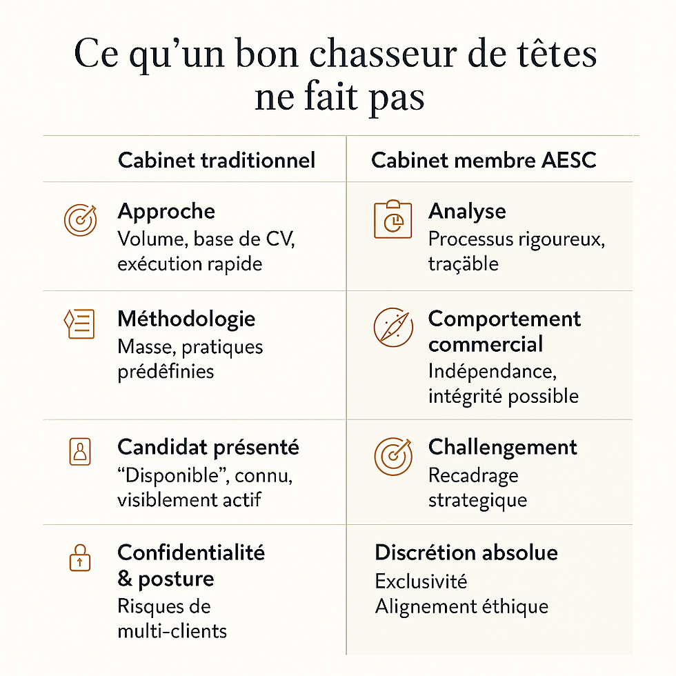 Tableau comparatif entre un cabinet traditionnel et un cabinet membre AESC. Éléments analysés : approche, méthodologie, posture commerciale, confidentialité