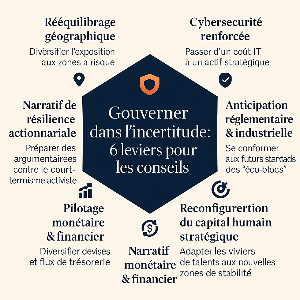 Infographie circulaire ou hexagonale illustrant les six leviers de gouvernance à activer dans un contexte géopolitique instable : rééquilibrage géographique, cybersécurité, conformité industrielle, gouvernance financière, stratégie actionnariale, gestion du capital humain.